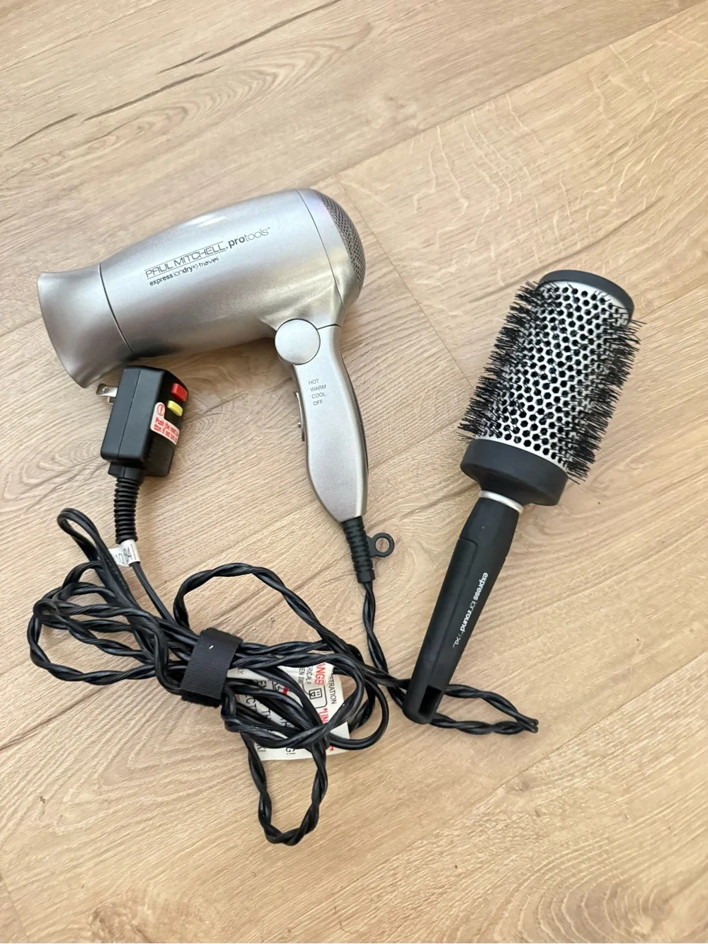 Paul Mitchell foldable, travel ion Blow dryer and large pro barrel round brush